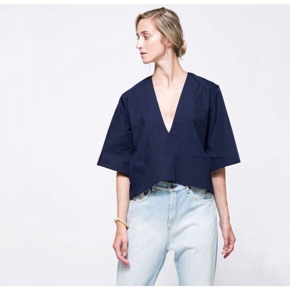 Toit Volant Poppy Top Navy V Neck Cropped Blouse NWT Made in USA S